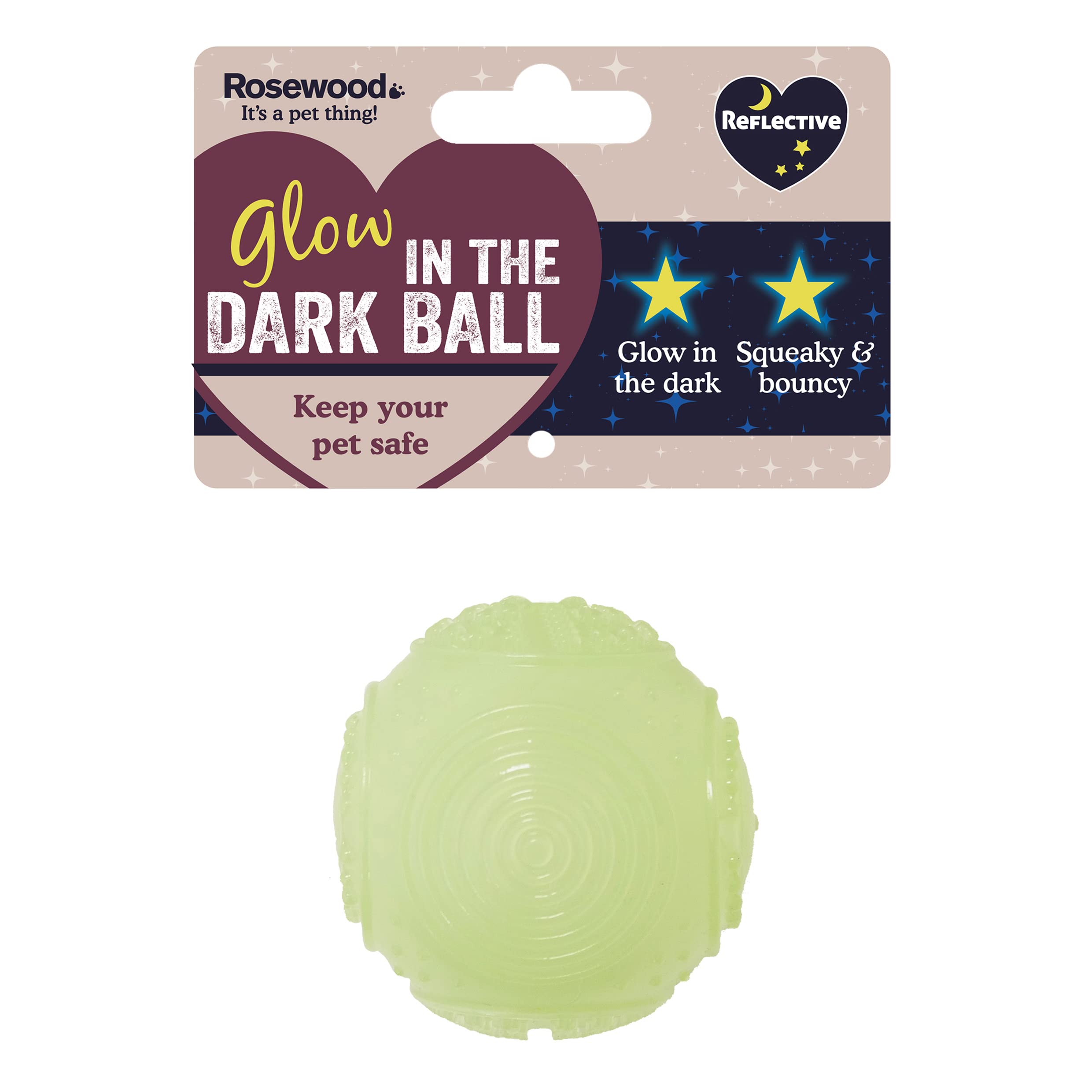 Rosewood Glow In The Dark Dog Ball - Reflective Dog Toy with Interactive Squeaker, Bouncy Ball for Fetch Games, Great for Night-Time Fetch and Play