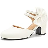 Enelauge Women's Bow Closed Round Toe Ankle Strap Pumps D'Orsay Low Block Chunky Heels Elegant Wedding Bridal Party Dress Shoes