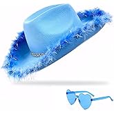 YBHOMINE Cowboy Hat with Heart Sunglasses - Cowgirl Hat with Feather Boa Brim for Women&Men,Bachelorette Party Halloween