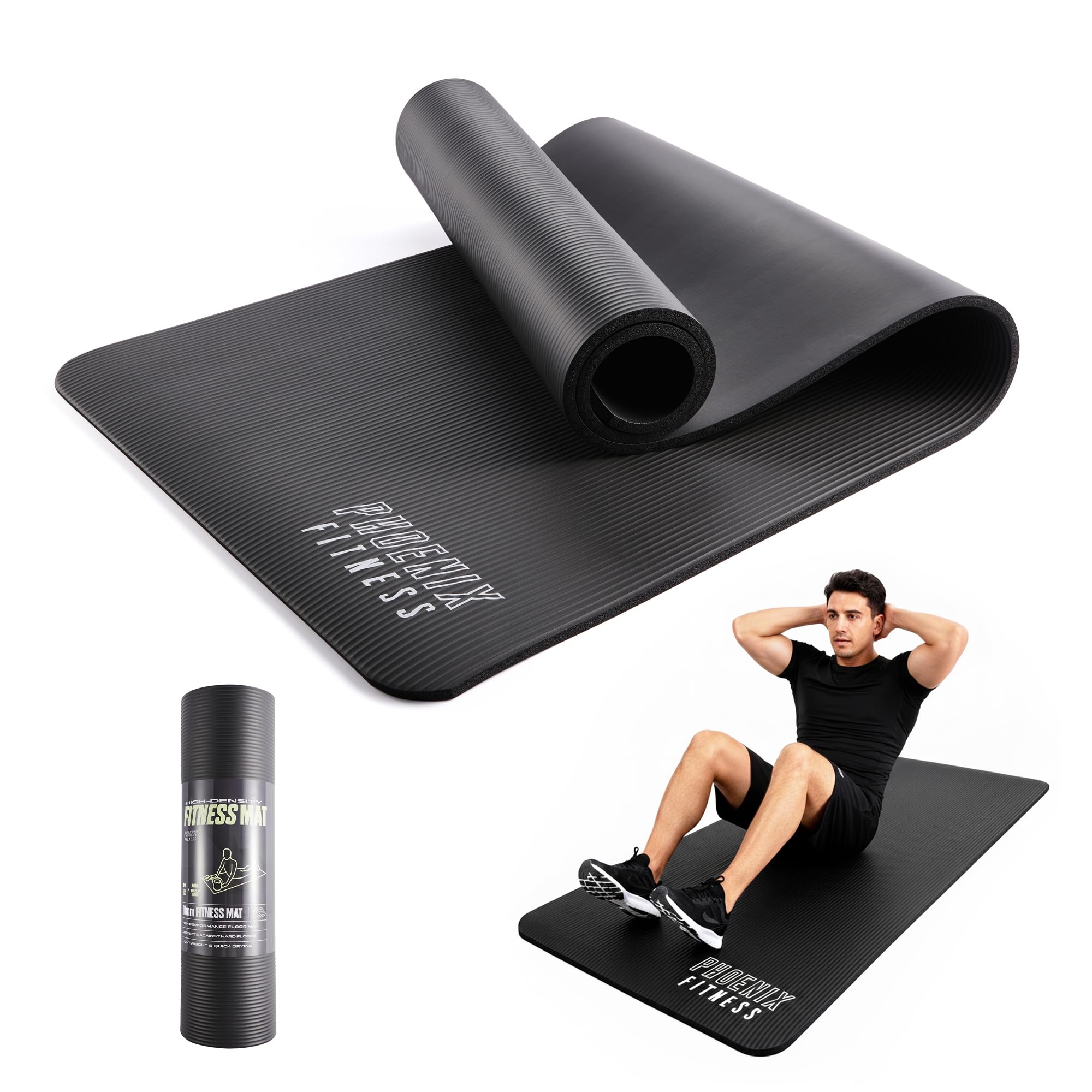 Phoenix Fitness RY1068 Exercise NBR Fitness Yoga Mat - Double Sided Anti Slip High Density Floor Mat, 185 x 61 cm - 15mm Thickness, Carry Strap, Black