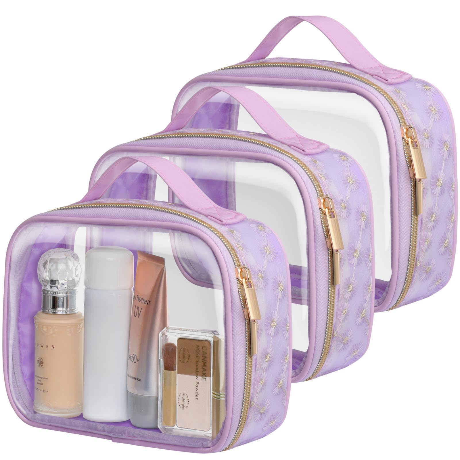 Photo 1 of PACKISM Floral Texture TSA Approved Toiletry Bag - 180° Large Opening Clear Makeup Bags with Handle, Easily Access, Clear Travel Bags for Toiletries TSA Approved, Thick 0.5 mm, Purple