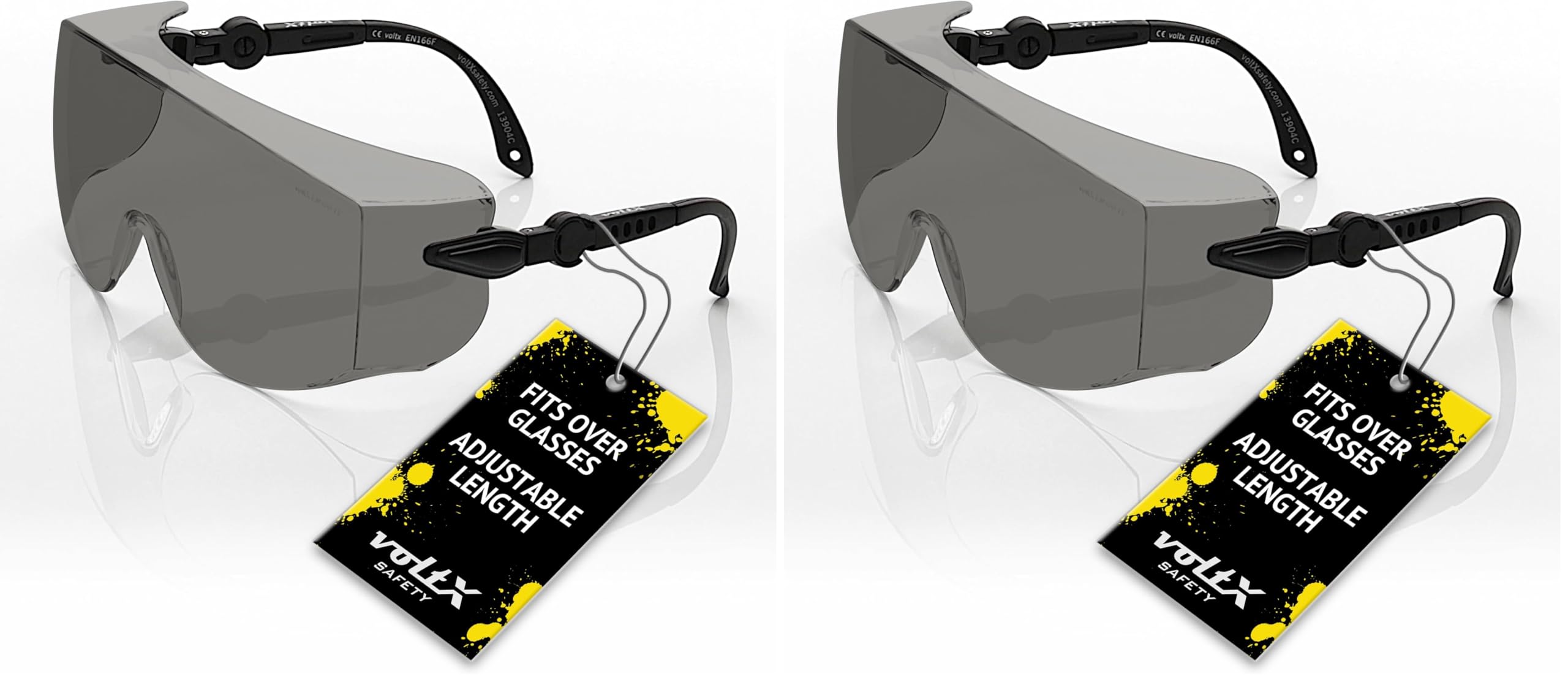 voltX 'OVERSPECS' Large Size, Industrial Safety Over Glasses - UKCA & CE EN166f certified (Smoke Lens), individually adjustable temples, antifog, scratch resistant, UV400 protection