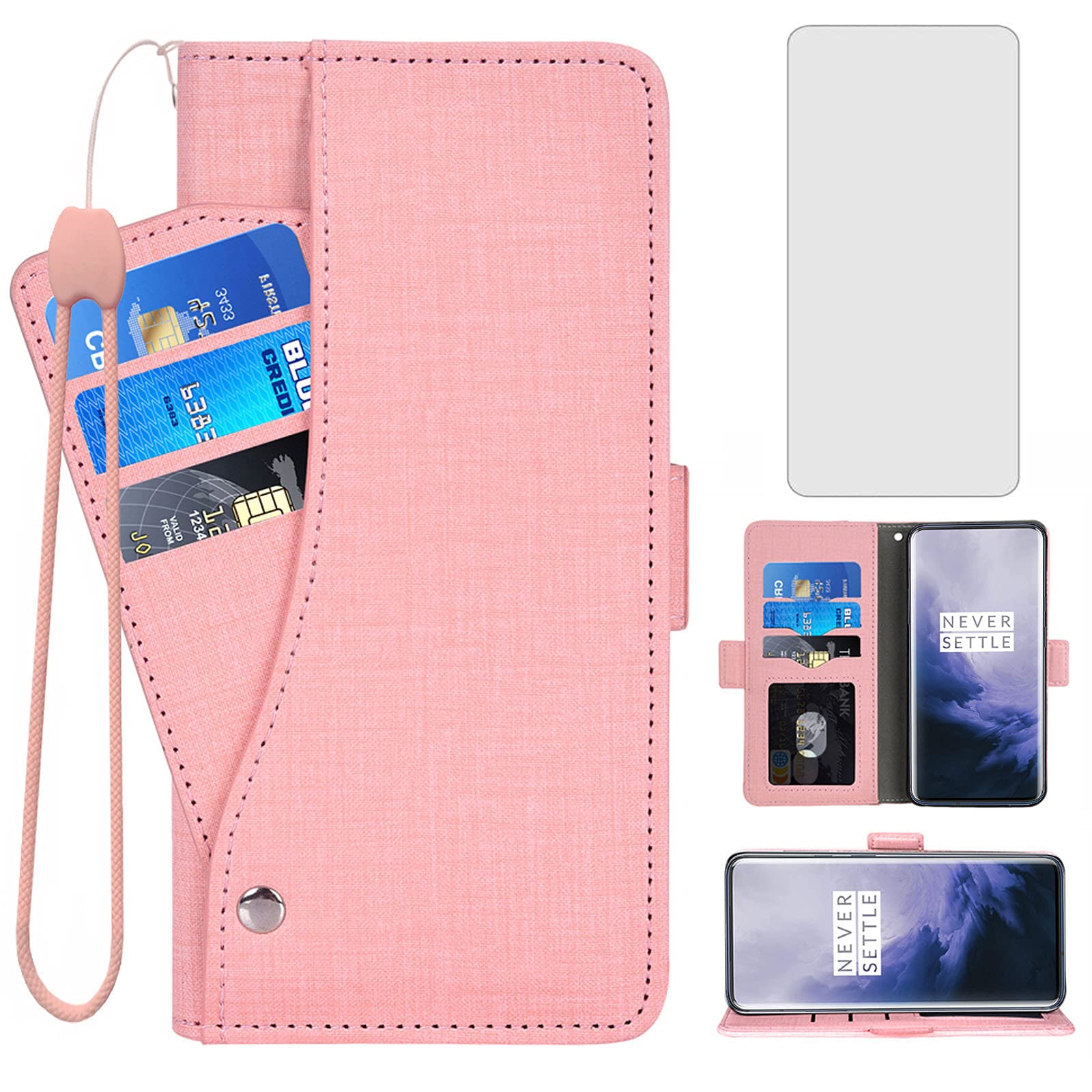 Asuwish Compatible with OnePlus 7 Pro Wallet Case Tempered Glass Screen Protector and Flip Cover Card Holder Cell Phone Cases for OnePlus7Pro 5G One Plus 1+7 1Plus OnePlus7 7Pro One+ 1 + Seven Pink — image 1