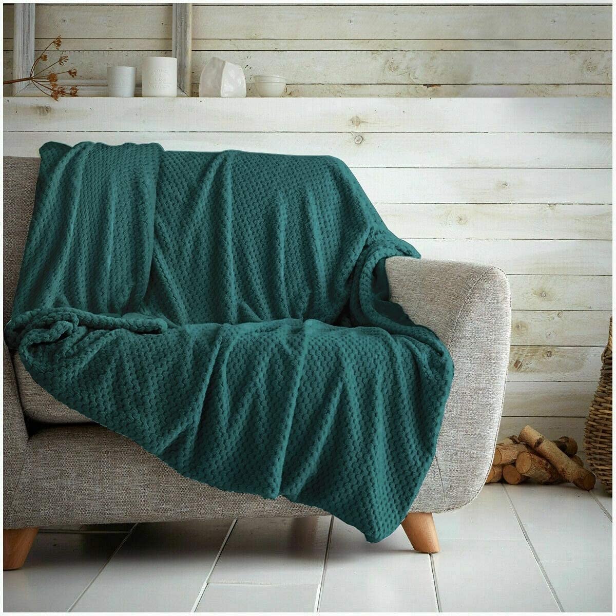 Kinfolk Textile Waffle Throw Honeycomb Blanket Soft Warm Cuddly Sofa Travel Bedspread (Emerald Green, Single - 125 x 150cm) — image 1