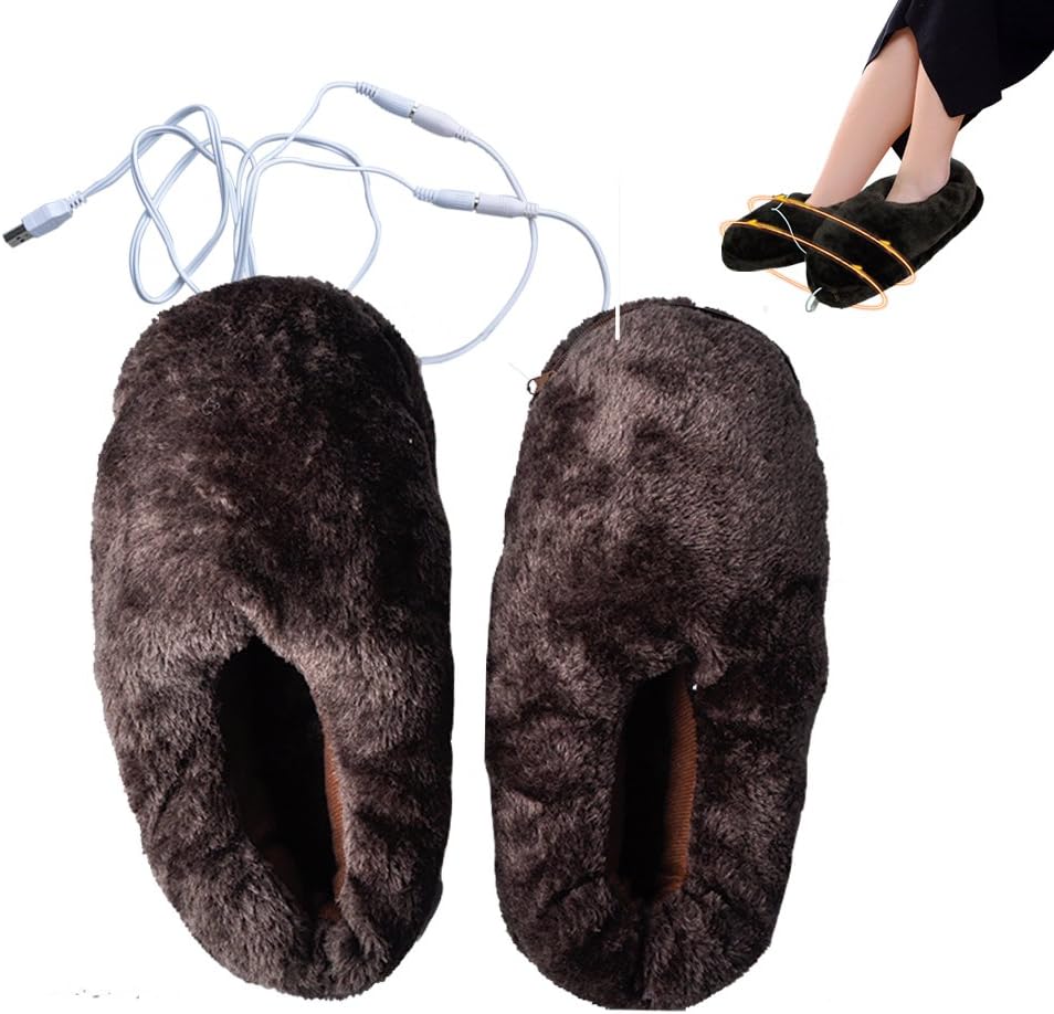 Lifemall Unisex Furry Heated Warm Slippers with USB Port, Electric Heating Cotton Shoes (Brown)