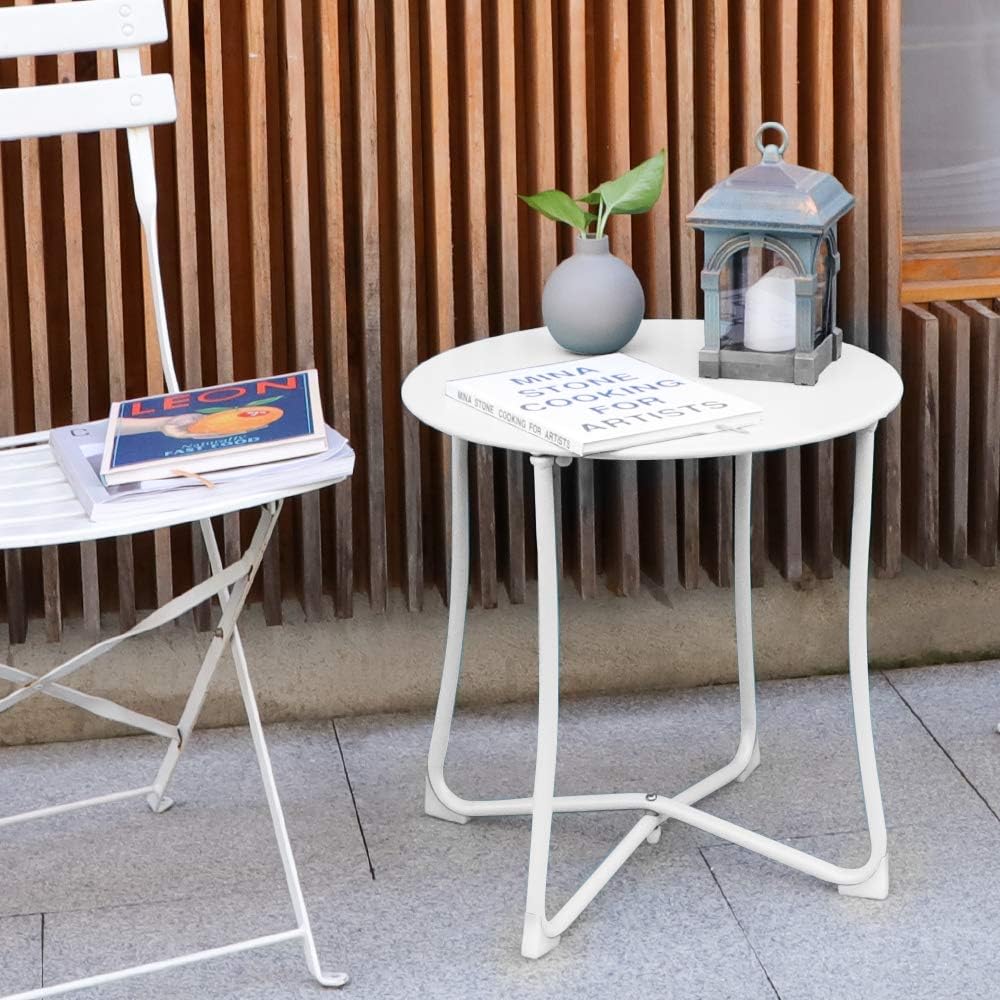 Amagabeli Metal Patio Side Table 18” x 18” Heavy Duty Weather Resistant Anti-Rust Outdoor End Table Small Steel Round Coffee Table Porch Table Snack Table for Balcony Garden Yard Lawn, White : Garden & Outdoor