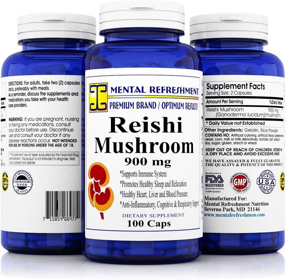 Reishi Mushroom 900mg - 100 Capsules - Promotes Longevity & Immune Support, Anti-Inflammatory & Respiratory Support, Helps Regulate Blood Pressure & Cholesterol - Ganoderma Lucidum