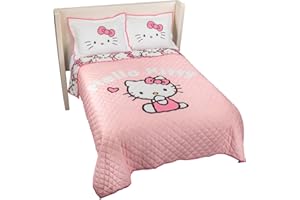 Jay Franco Hello Kitty Pink Stripes & Hearts Full/Queen Size Quilt & Sham Set - Super Soft Lightweight Bedspread Set