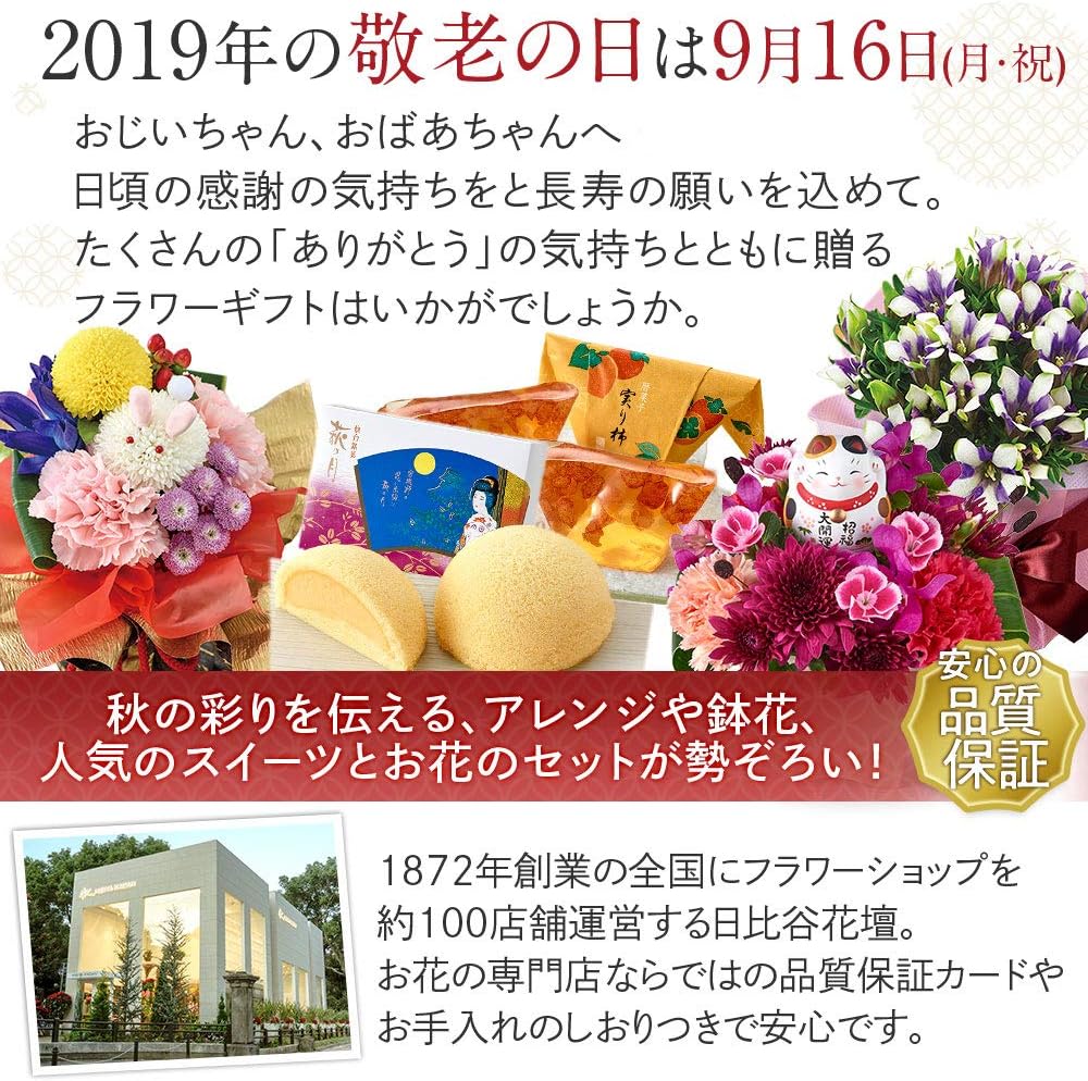 Amazon 日比谷花壇 敬老の日 スイーツ 菓匠 三全 萩の月 とそのまま飾れるブーケのセット お茶付き 日比谷花壇 和菓子 通販