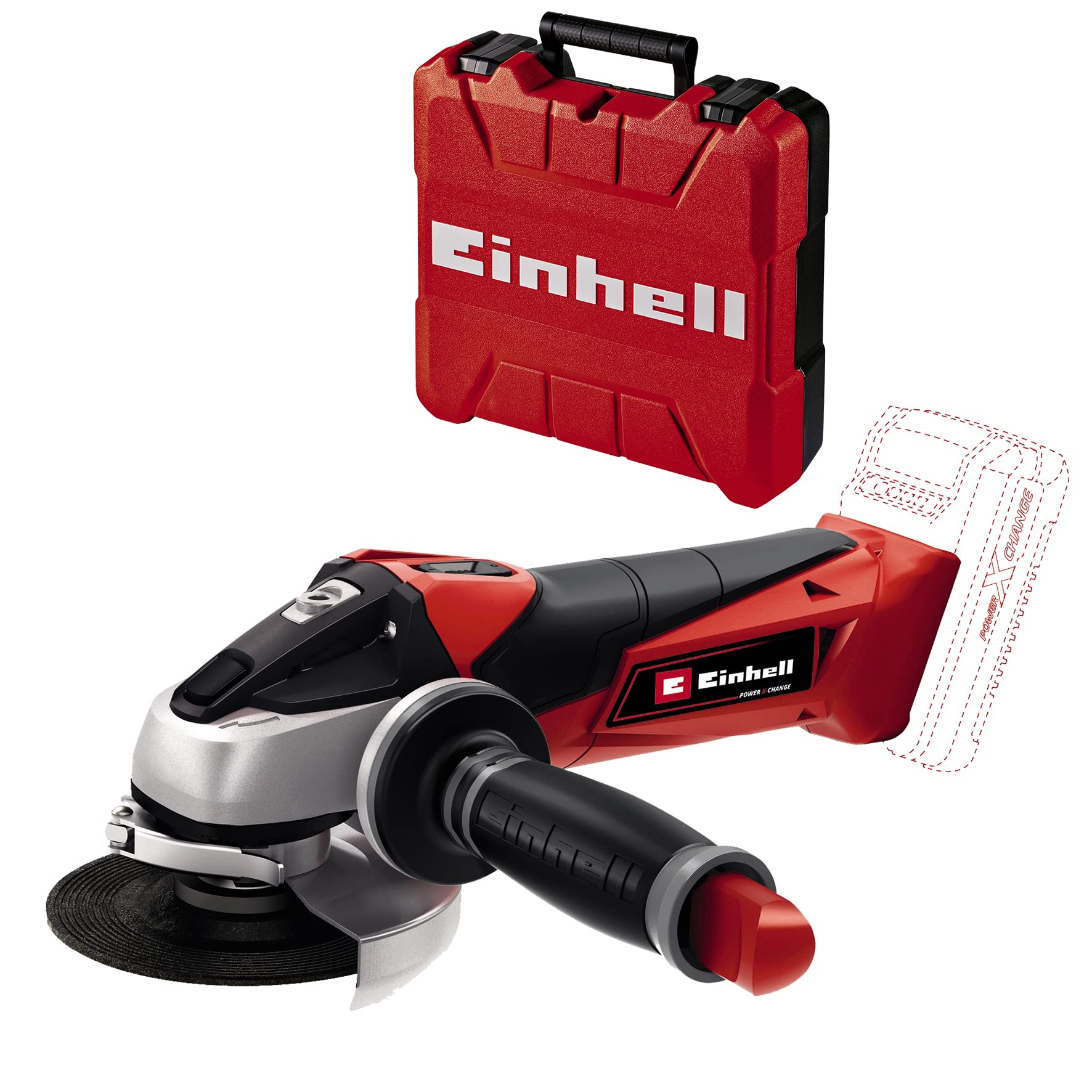 Einhell TE-AG 18 Li Solo Power X-Change 18 V Lithium 115 mm Cordless Angle Grinder - Black/Red/Stainless Steel with Einhell 4530045 E-Box S35/33 Storing Tools and Accessories