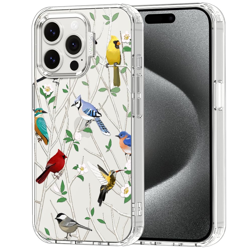 MOSNOVO Case for iPhone 15 Pro Max, [Buffertech 6.6ft Military-Grade Drop Protection] [Anti Peel Off Tech] Clear TPU Bumper Phone Case Cover Design - Wild Bird