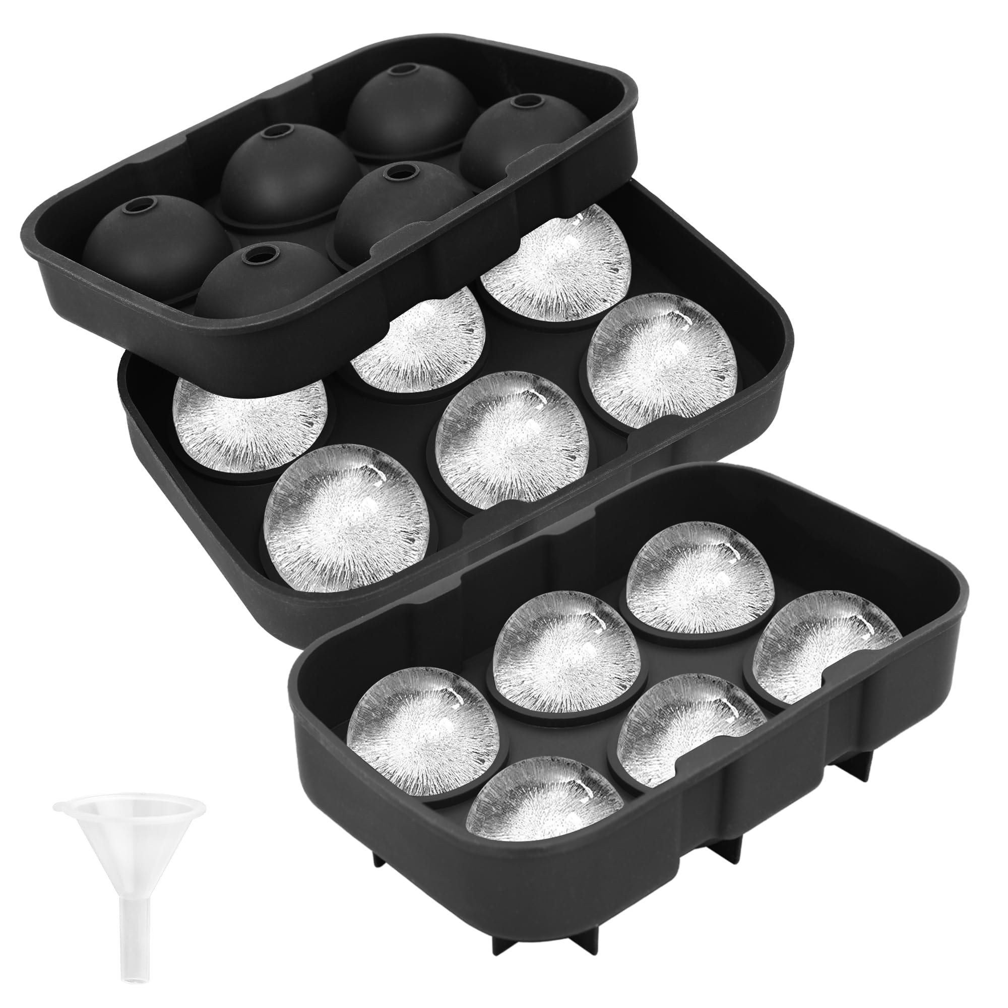 YHT 2 Pack Large Ice Cube and Ball Tray Molds with Lids and a Funnel,Reusable Silicone Square Ice Cube Maker Moulds for Whiskey,Cocktails,Drinks(Black)