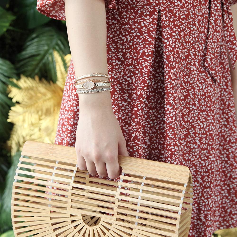 Leather Wrap Bracelet Boho Cuff Bracelets Crystal Bead Bracelet with Magnetic Clasp for Women Handmade Layered Bracelet for Women Teens(7.7", Gold): Clothing