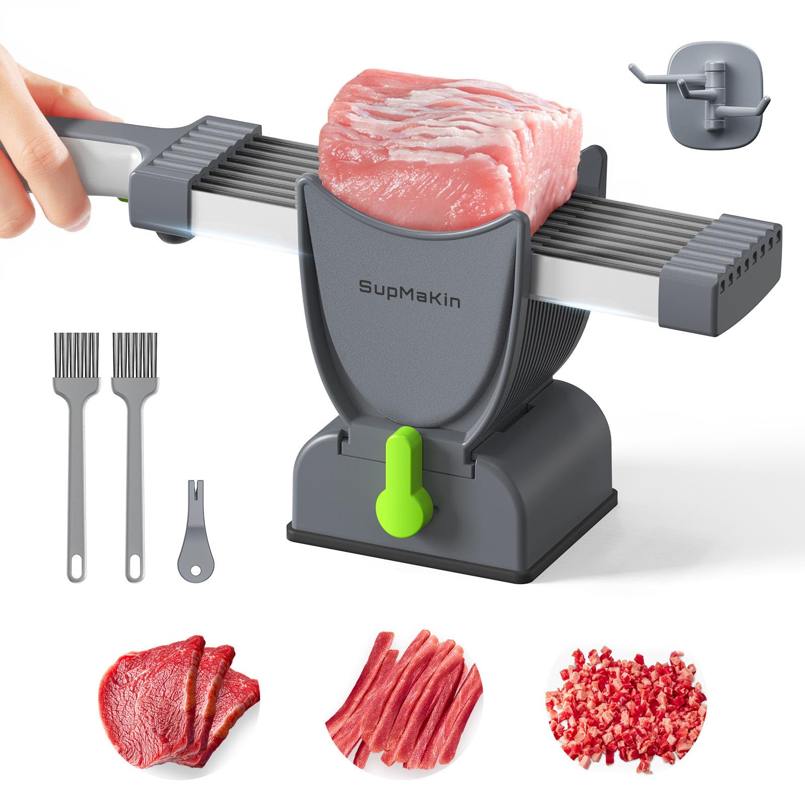 Photo 1 of SupMaKin Fresh Meat Slicer, Thickness Adjustable 2 or 4 mm, 17 IN 1 Stainless Steel Manual Meat Cutter, Cleaver Kitchen Knife, Jerky Slicer Suit for Chicken Breast Beef Pork (Gray)