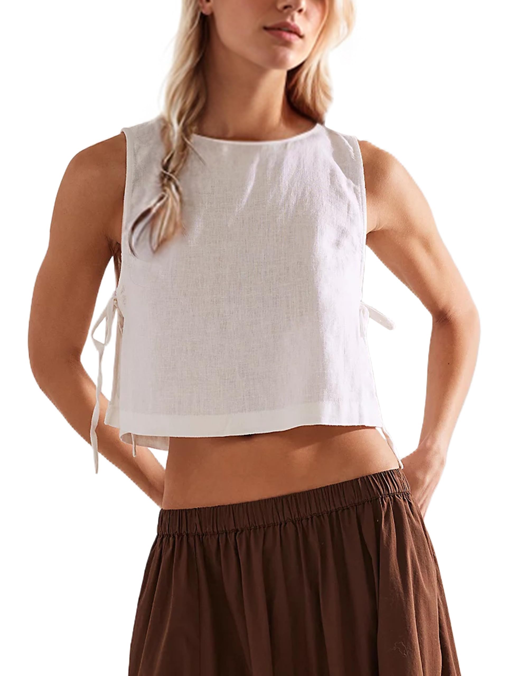 Photo 1 of synound Cotton Linen Crop Top for Women Summer Tank Tops Sleeveless Split Tie Side Boxy Cropped Casual Loose Going Out Vest White
