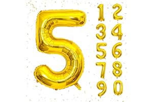 BEEYAKY 40 Inch Gold Number Balloons, Helium Mylar Foil Number Balloons for Birthday, Number 5 Balloon for 5st Birthday Decorations for Kids, Anniversary Party Decorations Supplies