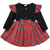 ROYLAMP Toddler Girls Christmas Plaid Dresses Crew Neck Long Sleeve Ruffle Hem Swing Skirt Outfits with Bowknot