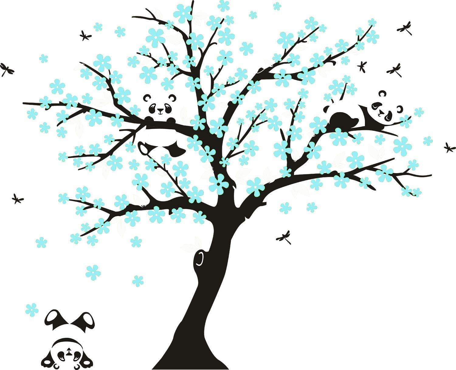 Tree Wall Decals~Kids Room Wall Stickers Three Little Panda Bears Play On Cherry Blossom Tree Wall Decal Wall Stickers Nursery Room Decoration (Black,Blue)