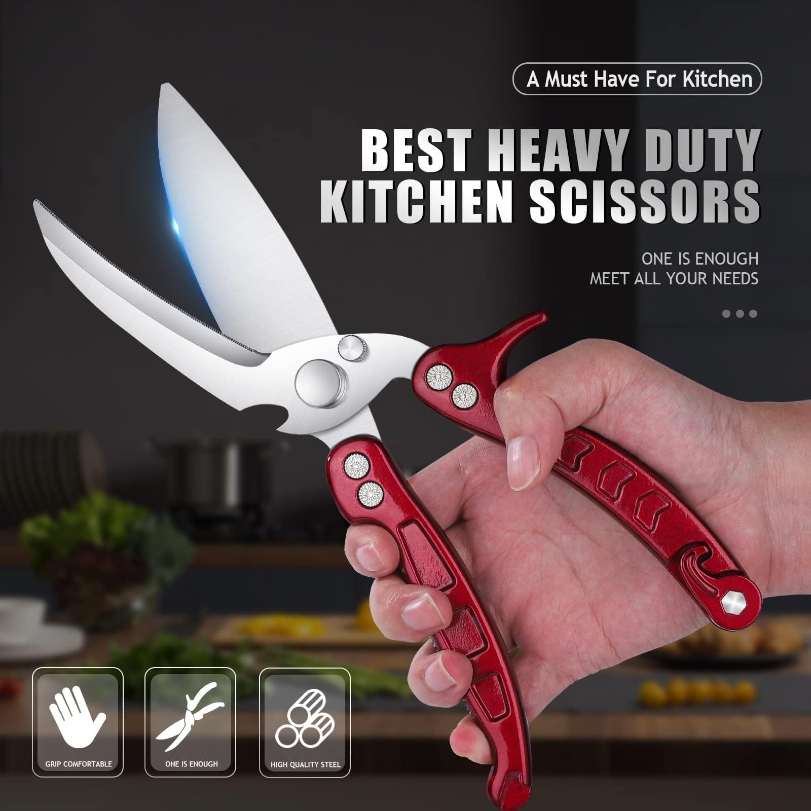 DRAGON RIOT Geflügelschere Abnehmbare, Heavy Duty Fleischschere, Mehrzweck-Küchenschere zum Schneiden von Knochen, Fleisch, Geflügel, Gemüse, Meeresfrüchte und Pizza, Knochenschere Rot 3