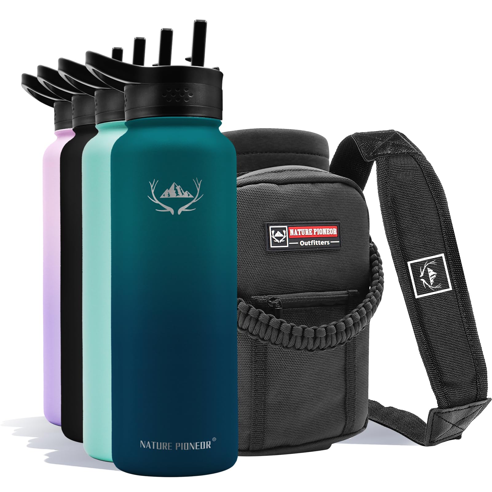 Photo 1 of NATURE PIONEOR Insulated Water Bottles with Straw - 40oz Stainless Steel Vacuum Bottle with Holder/Carrier/Sleeve - Reusable 18/8 Food Grade 40 oz Water Jug