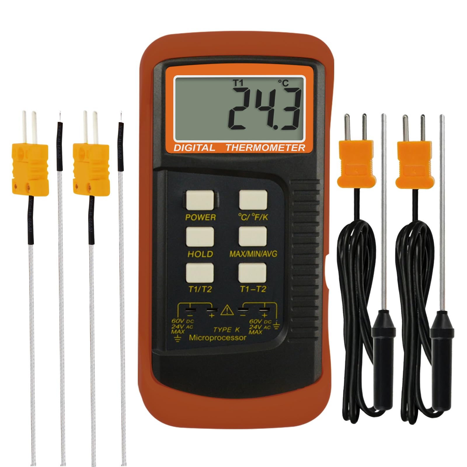 Digital K-Type Wired & Stainless Steel Temp Probes Channels w/ 4 Thermocouple Thermometer Temperature Meter MAX/MIN/AVG Measurement