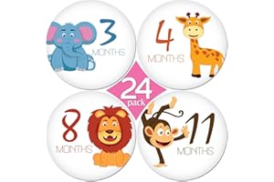 24 Pack of 4 Baby Monthly Stickers by KiddosArt. 1 Happy Animal Sticker Per Month of Your Baby's First Year Growth and Holidays. Month Sticker for Baby, Boy or Girl. Milestone Onesie Stickers