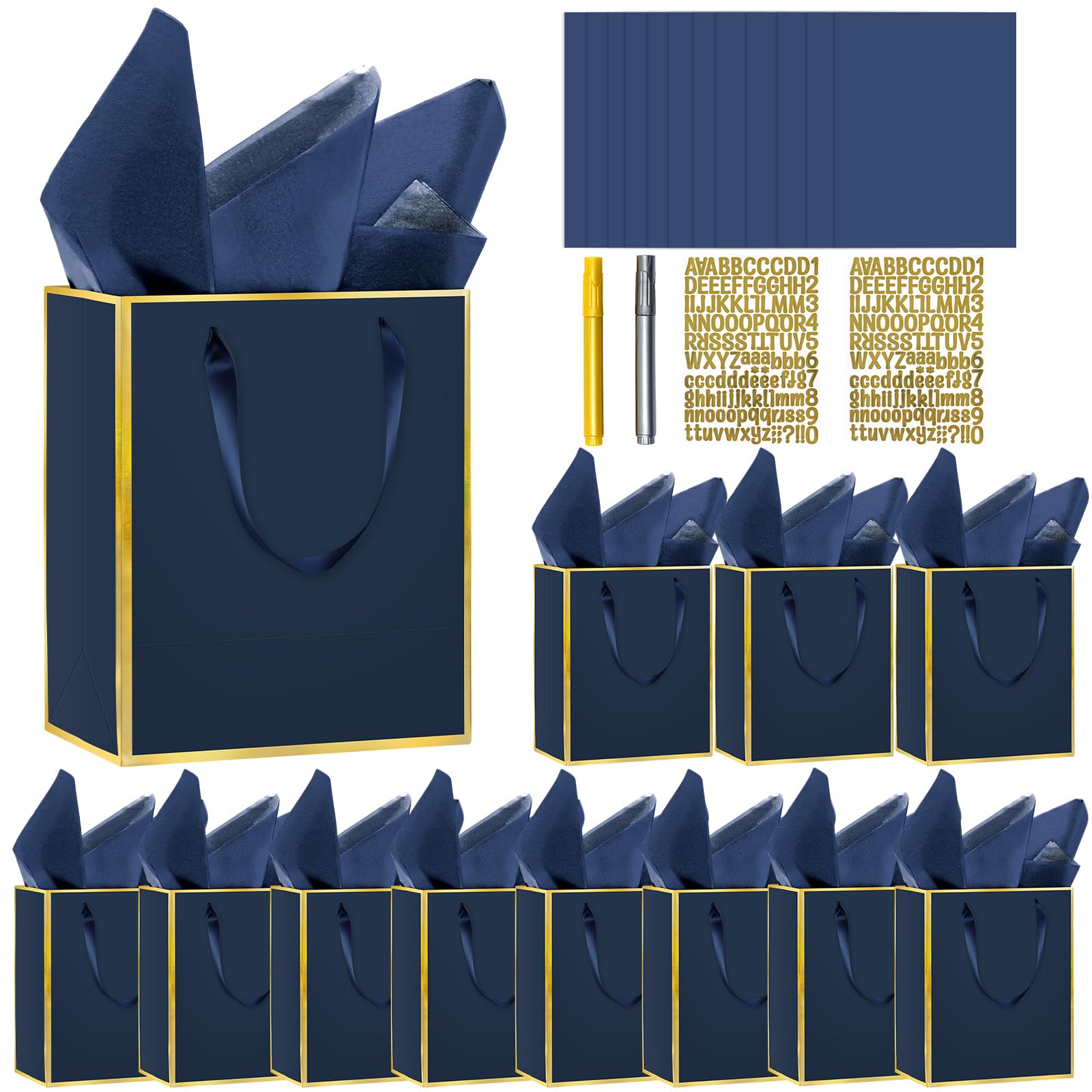 Photo 1 of 12 Pack DIY Metallic Paper Thank You Gift Bags With Handles, Tissue Paper and Painting Pens, 9"x7"x3" 5 Senses Gift Bags With Labels for Him and Her, Suitable for Birthdays, Weddings, Baby Showers, Holidays and Other Occasions (Navy Blue, Gold)