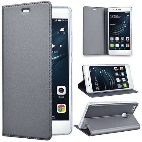 SMART LEGEND Huawei P9 Lite Hülle Handyhülle Schutzhülle Grau Leder Wallet Flip Case Lederhülle Ledercase Klapphülle mit Kart