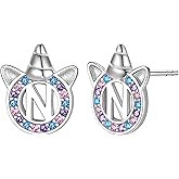 Unicorn Initial Earrings for Girls Women, 925 Sterling Silver Alphabet Stud, Ideal Initial Letter Stud Earrings Birthday Gifts for Girls Women