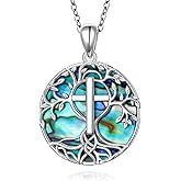 Tree of Life Necklace 925 Sterling Silver Abalone Shell Cross/Triple Moon Goddess Pendant Religious Jewelry for Women Men Mom Wife Daughter Sister Friend for Valentine Birthday Christmas Jewelry