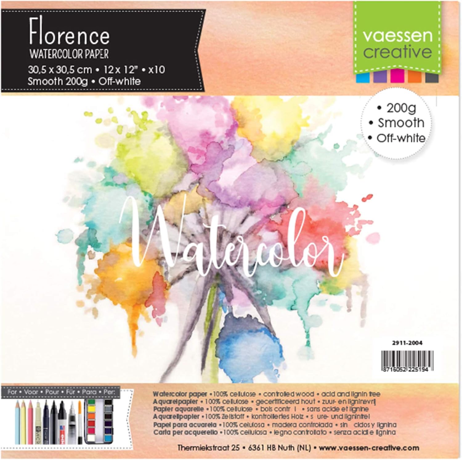 Vaessen Creative Florence Watercolour Paper 12x12 in Ivory, 300 GSM, Artist Grade Quality, Smooth Surface