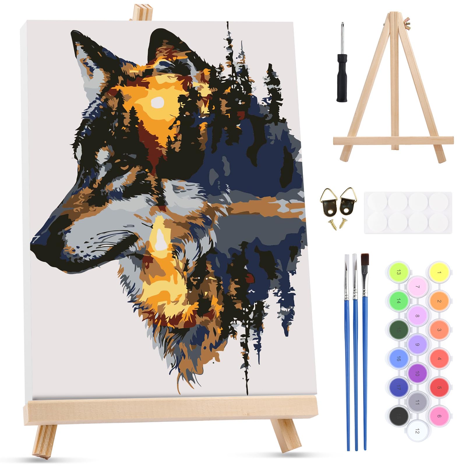 MXJSUA Forest Wolf Framed Paint by Numbers for Adults Beginners, Easy Adults' Paint-by-Number Kits on Canvas with Easel, Acrylic Number Painting Crafts Gifts for Home Decor, 20x30cm — image 1