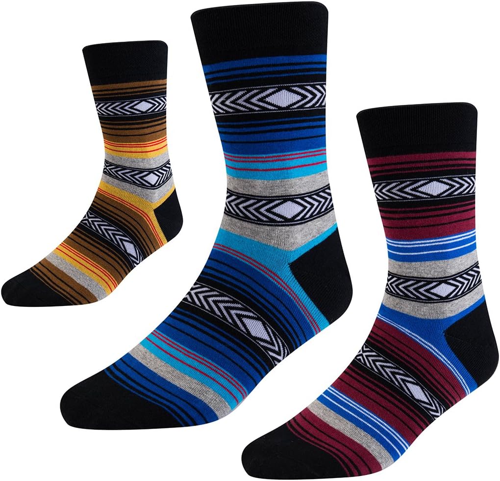 Mens Dress Socks-Striped Crew Socks with Funky Colorful Patterned-Combed Cotton UK Size 7-11 3 Pack SEESILY