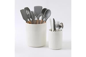 KSENDALO 2-Pack White Ceramic Utensil Holder Set, 7" & 5.4" Tall Farmhouse Kitchen Counter Storage Jars, Ribbed Utensil Crock
