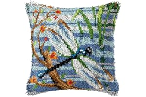 Ylkgogo Latch Hook Pillow Kit for Adults Kids DIY Throw Pillow Cover Printed Canvas Dragonfly Pattern Handcraft Crochet Sofa Decor 17" x 17"