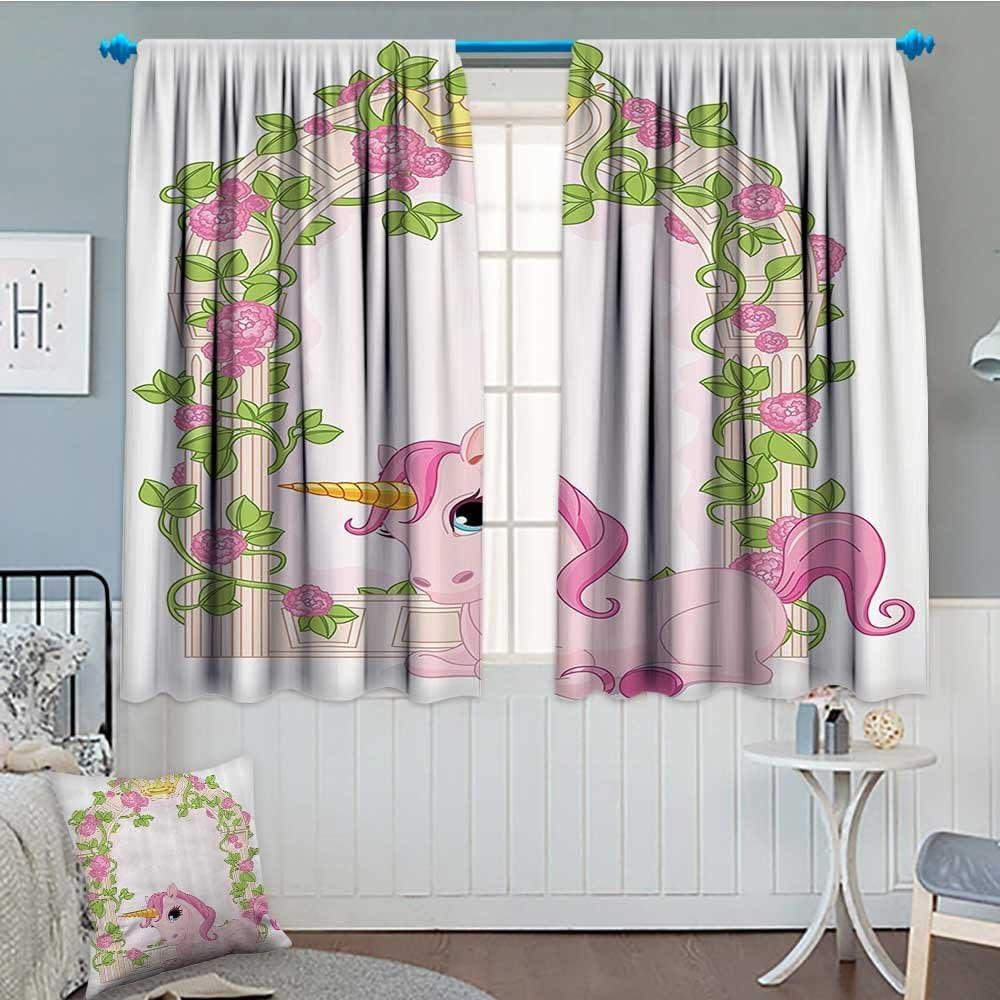Teen Girls Decor Collection Thermal Insulating Blackout Curtain Romantic Floral Arch Frame Roses Leaves with Unicorn Decorating Illustration Design Patterned Drape For Glass Door 52"x63" Pink Beige