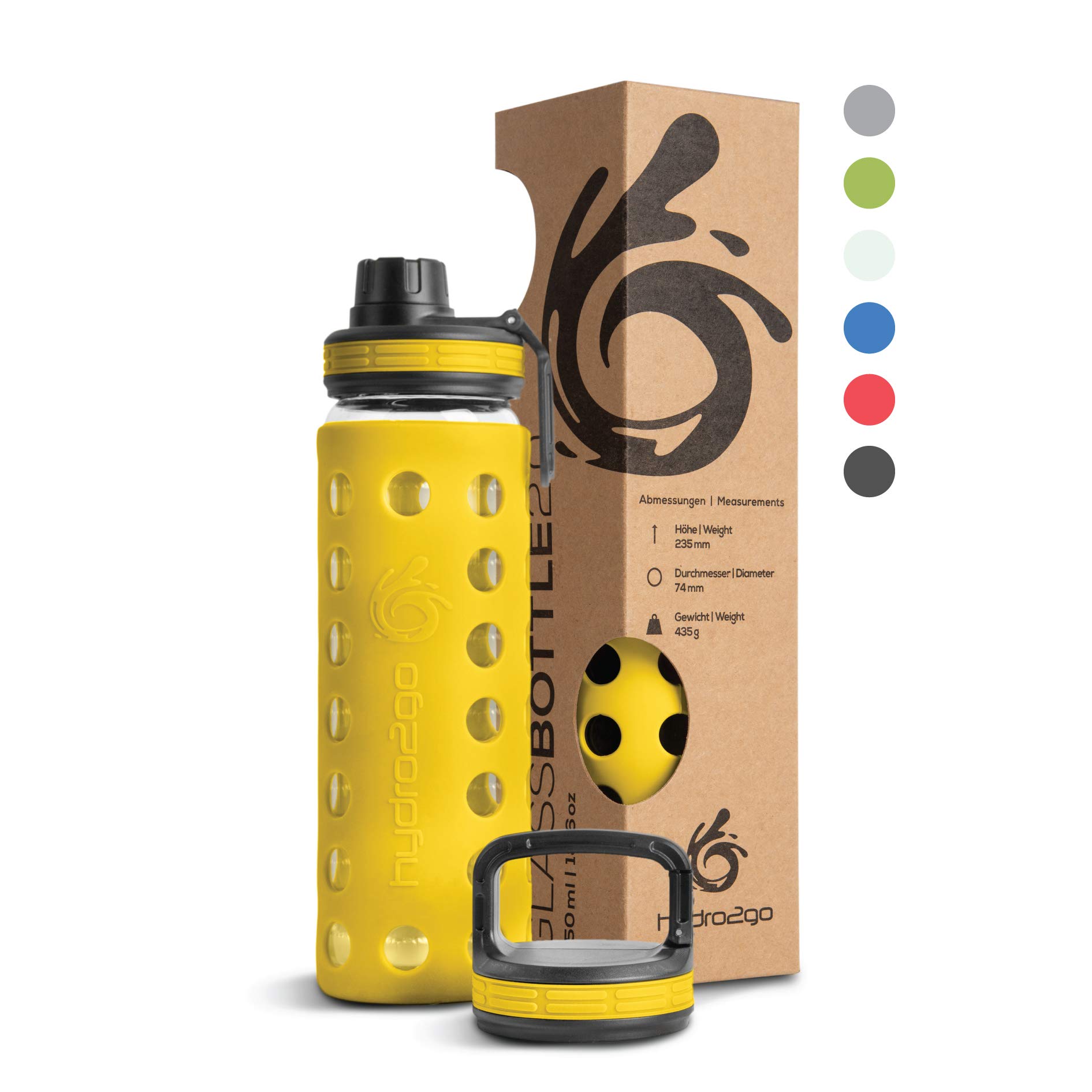 hydro2go Glass Water Bottle 550ml – BPA-Free, Leak-Proof, Dishwasher Safe, with Silicone Sleeve & 2 Interchangeable Lids (Blazing Yellow 2.0).