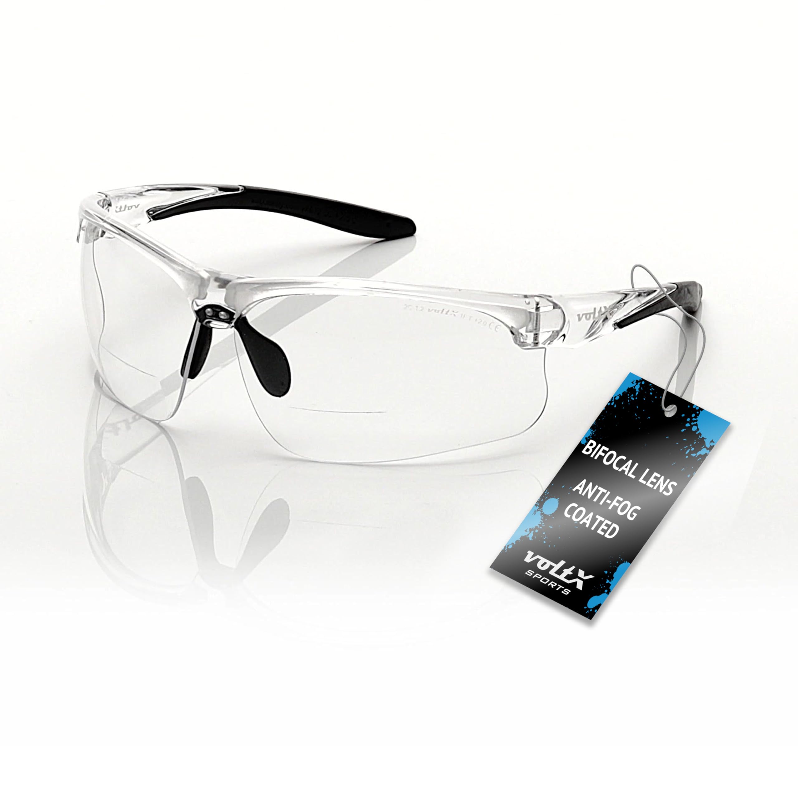 voltX 'ULTIMATE SPORTS' Bifocal Safety Glasses (+2.0 Dioptre, Clear) - Anti Fog Coated UV400 lens - Adjustable nosepiece - Microfibre Carry Bag
