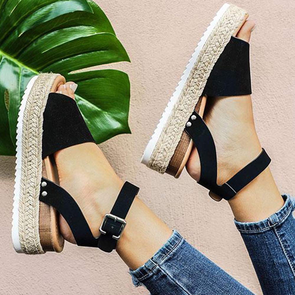 FIRENGOLI Women\'s Platform Sandals Espadrille Wedge Ankle Strap Studded Open Toe Sandals Black