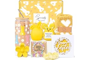 Frerdui Easter Basket Stuffers for Women & Teen Girls, Prefilled Easter Gifts Basket for Women & Teen Girls with Bunny Glass 