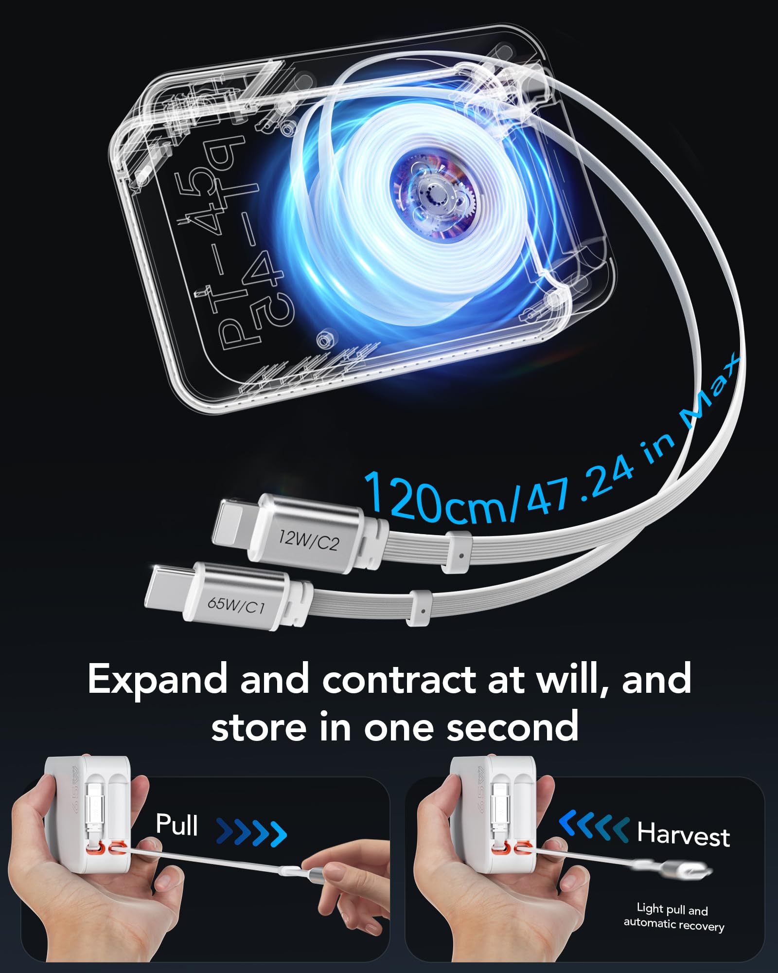 5 in 1 USB C Einziehbares Ladegerät 65W 3 Port Netzteil Retratable Charger 3