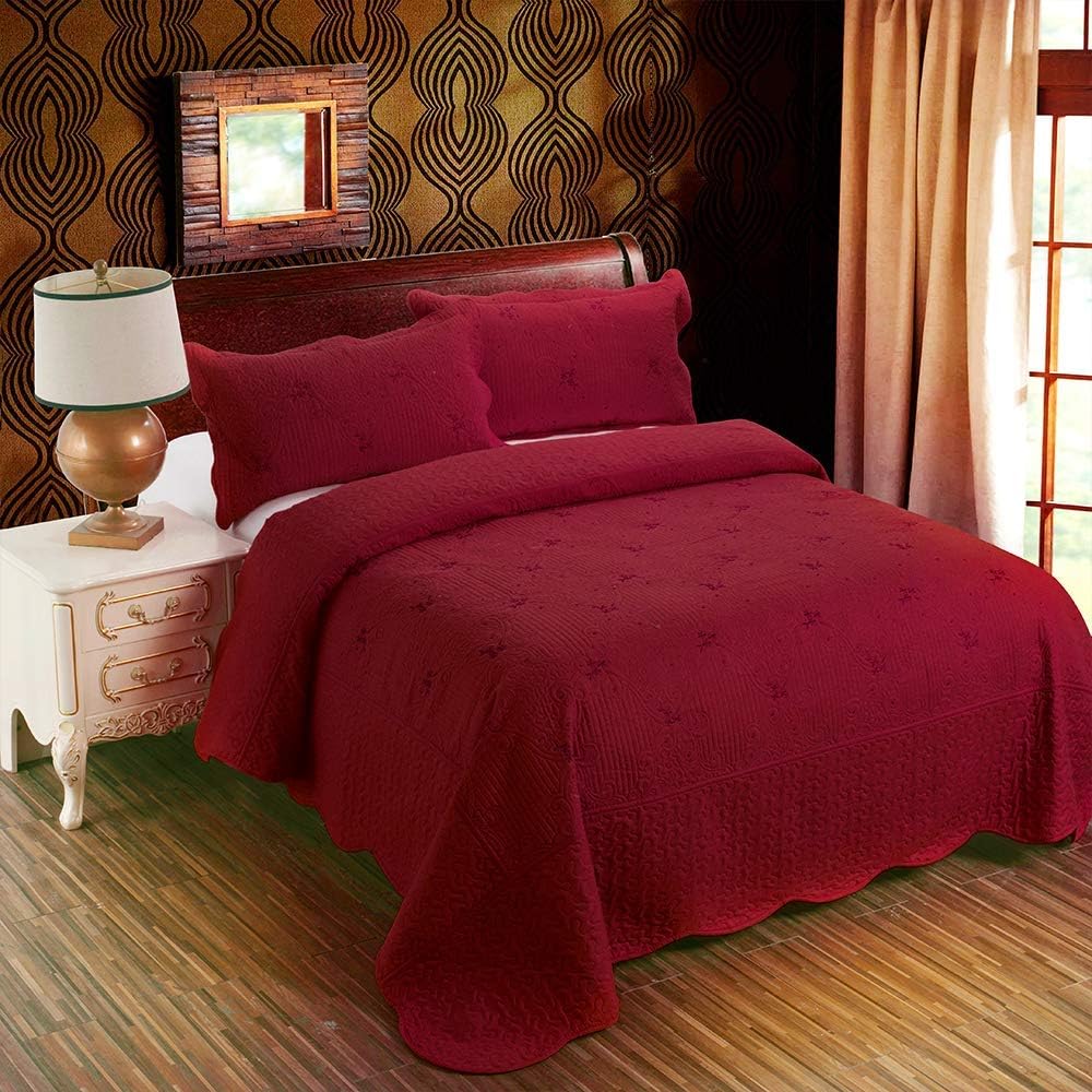 Jarson 3-Piece Quilts Coverlet Set Twin Size,Floral Bedspreads Lightweight Embroidery Quilts Set Reversible Bedding,Burgundy