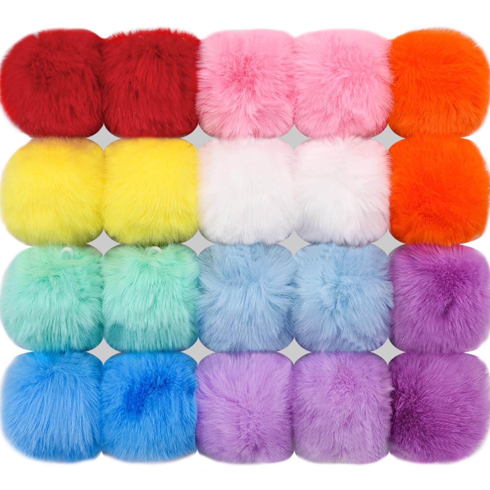 BQTQ 20 Pieces Faux Rabbit Fur Pom Pom Balls DIY Faux Fur Fluffy Pompoms with Elastic Loop for Hats Keychains Scarves Gloves Bags Accessories (10 Rainbow Colours, 2 Pcs for Each Colour)