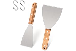 Leonyo Grill Griddle Scraper Set of 2, Stainless Steel Metal Flat Top Grill Scraper Tool for Dough Pancake Pizza Home Baking Cooking Teppanyaki BBQ, Wooden Handle