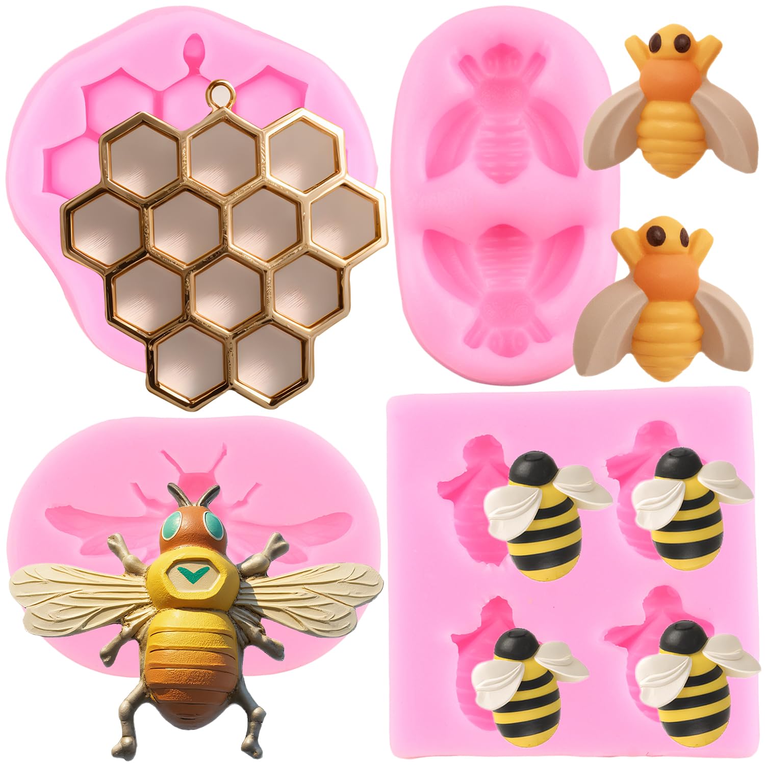 RFGHAC Bumble Bee Silicone Mould Honeycomb Fondant Moulds Bee Hive Chocolate Moulds for Sugar Craft Cake Decorating Cupcake Topper Candy Gum Paste Polymer Clay Set of 4