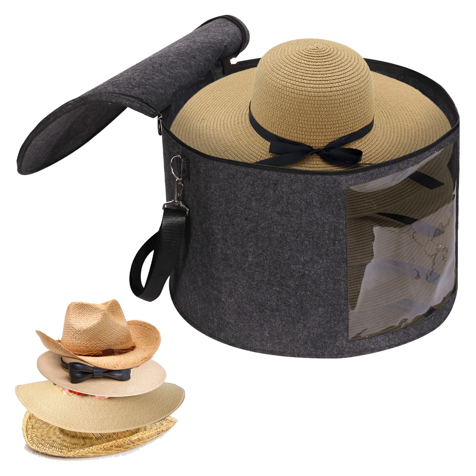 Large Hat Boxes with Lids, 17.7" D x 11.8" H Foldable Felt Round Hat Storage Box Large Hat Box Travel with Handles and Shoulder Strap for Carrying & Storing Various Types of Hats, Dark Grey
