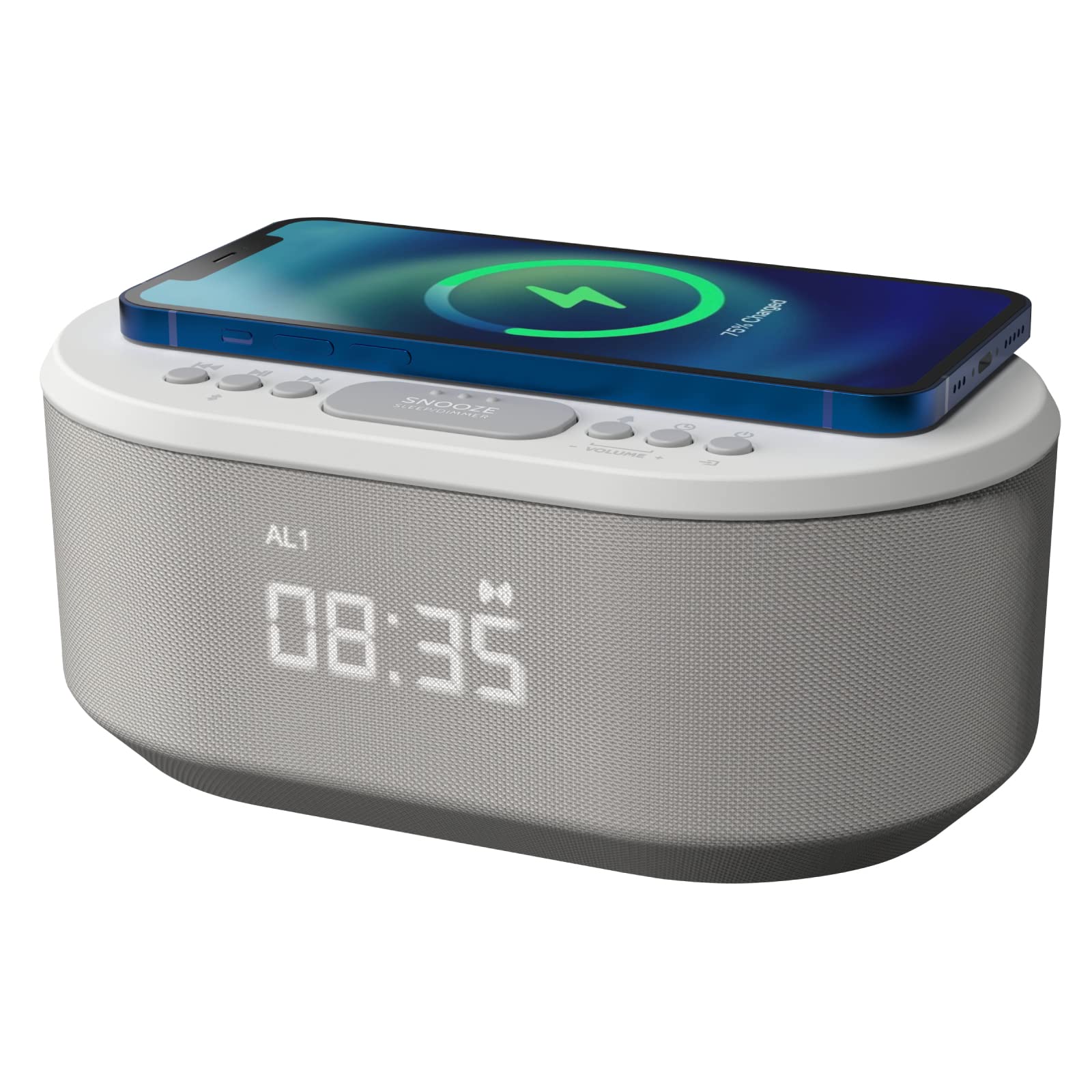 i-box Bedside Wireless Charging Radio Alarm Clock with Dimmable LED Display - Mains Powered Non Ticking Dual Alarm Clock with USB Charger and Bluetooth Speaker, Grey