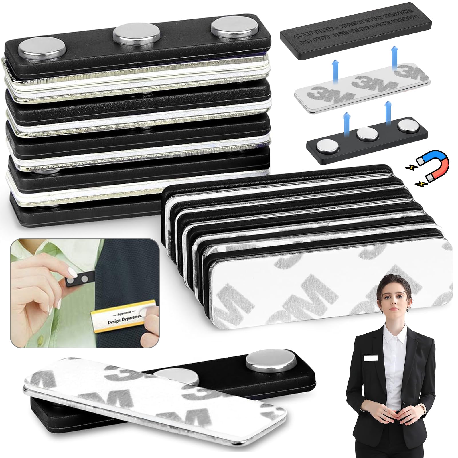 10 Pieces Magnetic Name Tag, Magnetic Name Badge, Magnetic Name Badge Magnets, Holder with 3 Strong Neodymium Magnets, ID Badge or Shirt- Black