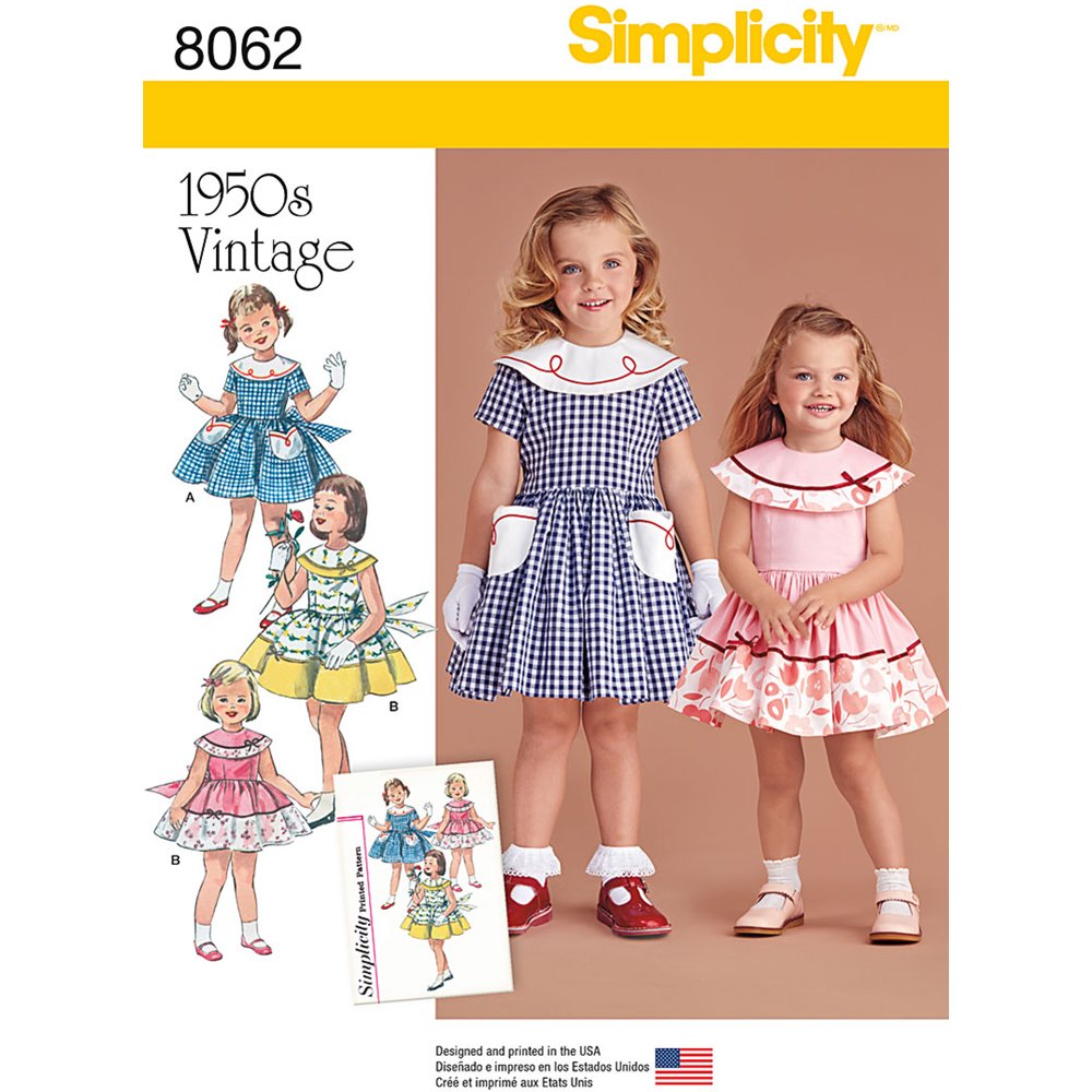 Simplicity Sewing Pattern 8062AA Vintage 1950's Dress for Toddler and Child, Paper, White, AA (1/2-1-2-3)