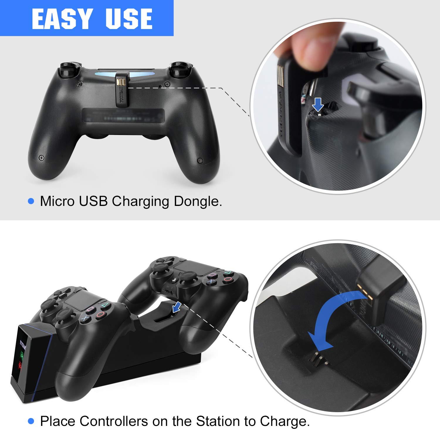 PS4 Controller Charger, Dual PS4 Modded Controller Charging Station for Sony Playstation 4 / PS4 / PS4 Slim / PS4 Pro Charging Dock Stand Station with IC-Chip Protection